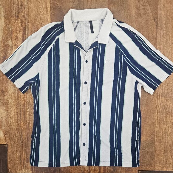 Fabletics Button-up Terry Shirt Mens Large Blue White Strip Beach Retro Cabana - Picture 1 of 6